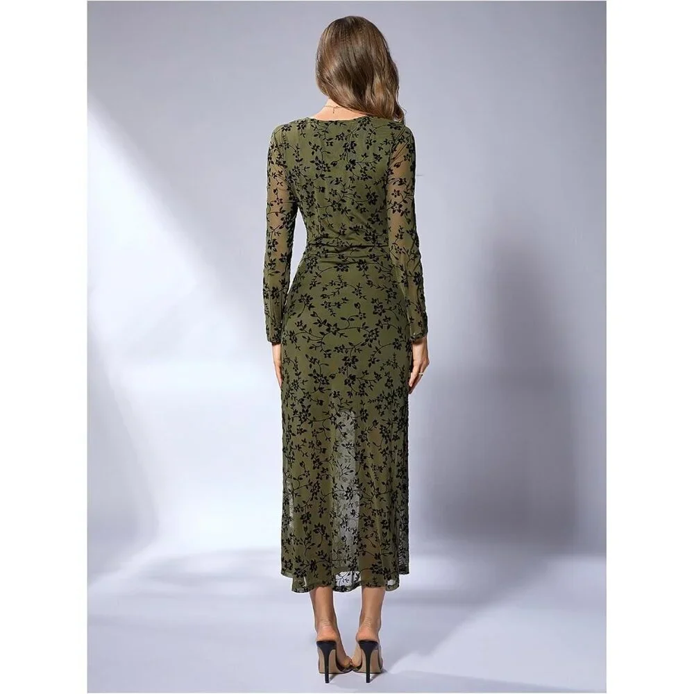 Women's Army Green Floral Mesh Elegant Formal Long Sleeve Cocktail Maxi Dresses
